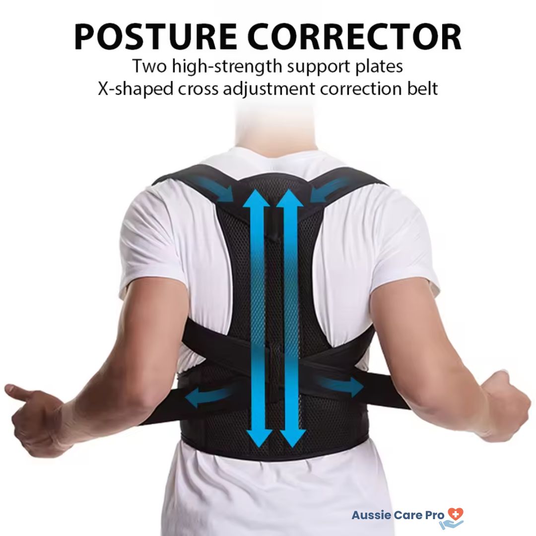 Unisex posture corrector brace in black and grey with adjustable straps, lightweight and discreet design for enhanced comfort