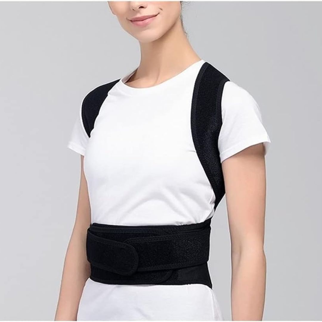 Unisex posture corrector brace in black and grey with adjustable straps, lightweight and discreet design for enhanced comfort
