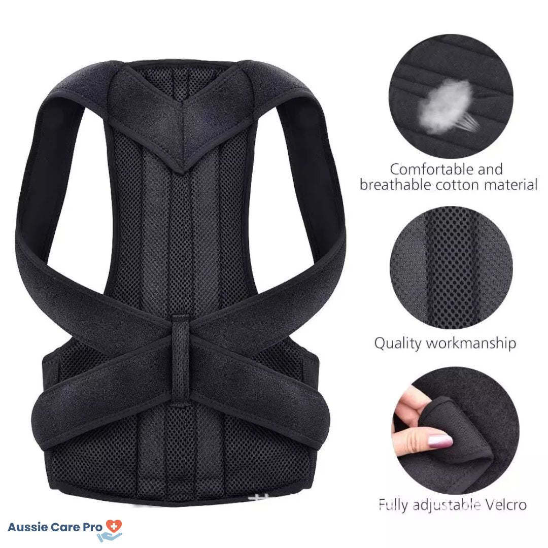 Unisex posture corrector brace in black and grey with adjustable straps, lightweight and discreet design for enhanced comfort