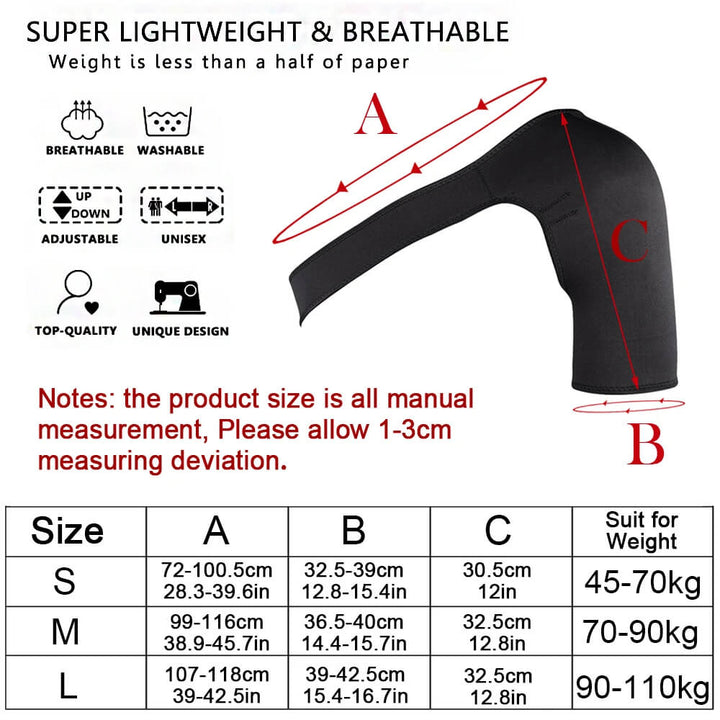 "Unisex shoulder support brace, black and lightweight, for pain relief and stability, fits left or right shoulder."