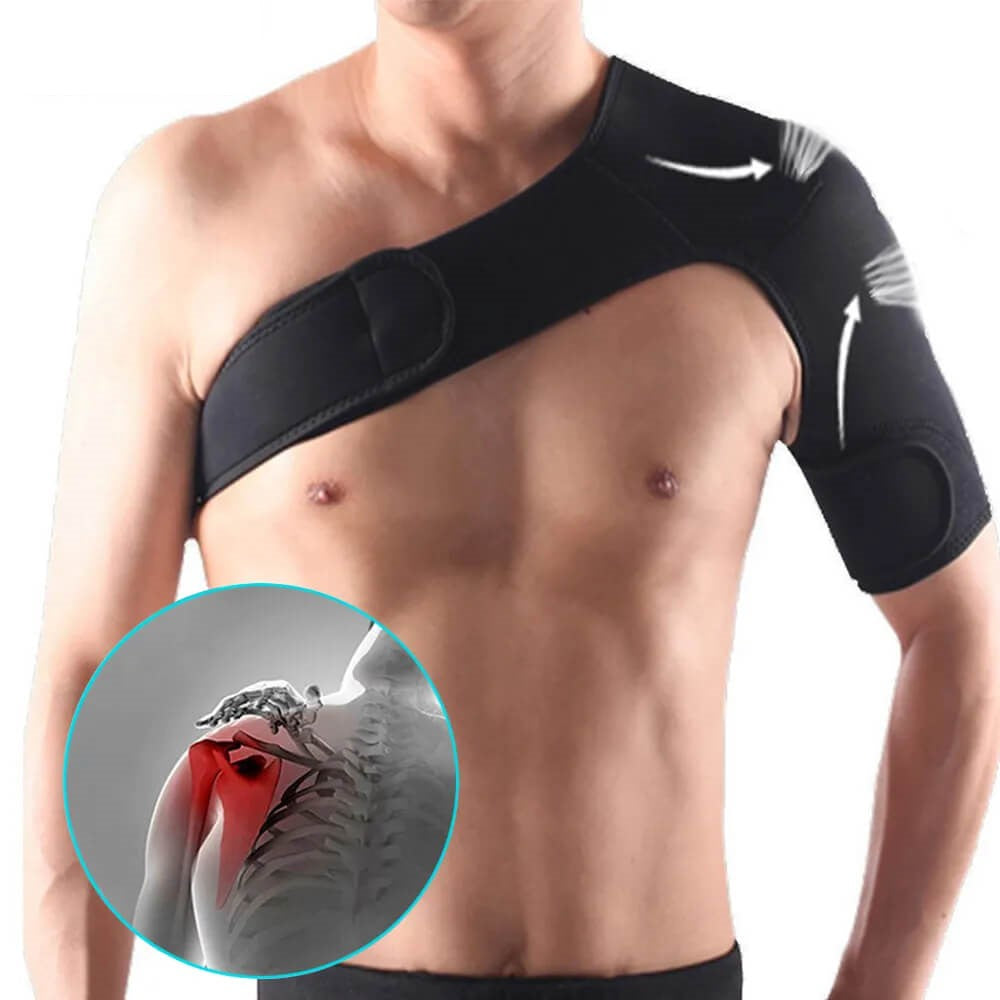 "Unisex shoulder support brace, black and lightweight, for pain relief and stability, fits left or right shoulder."