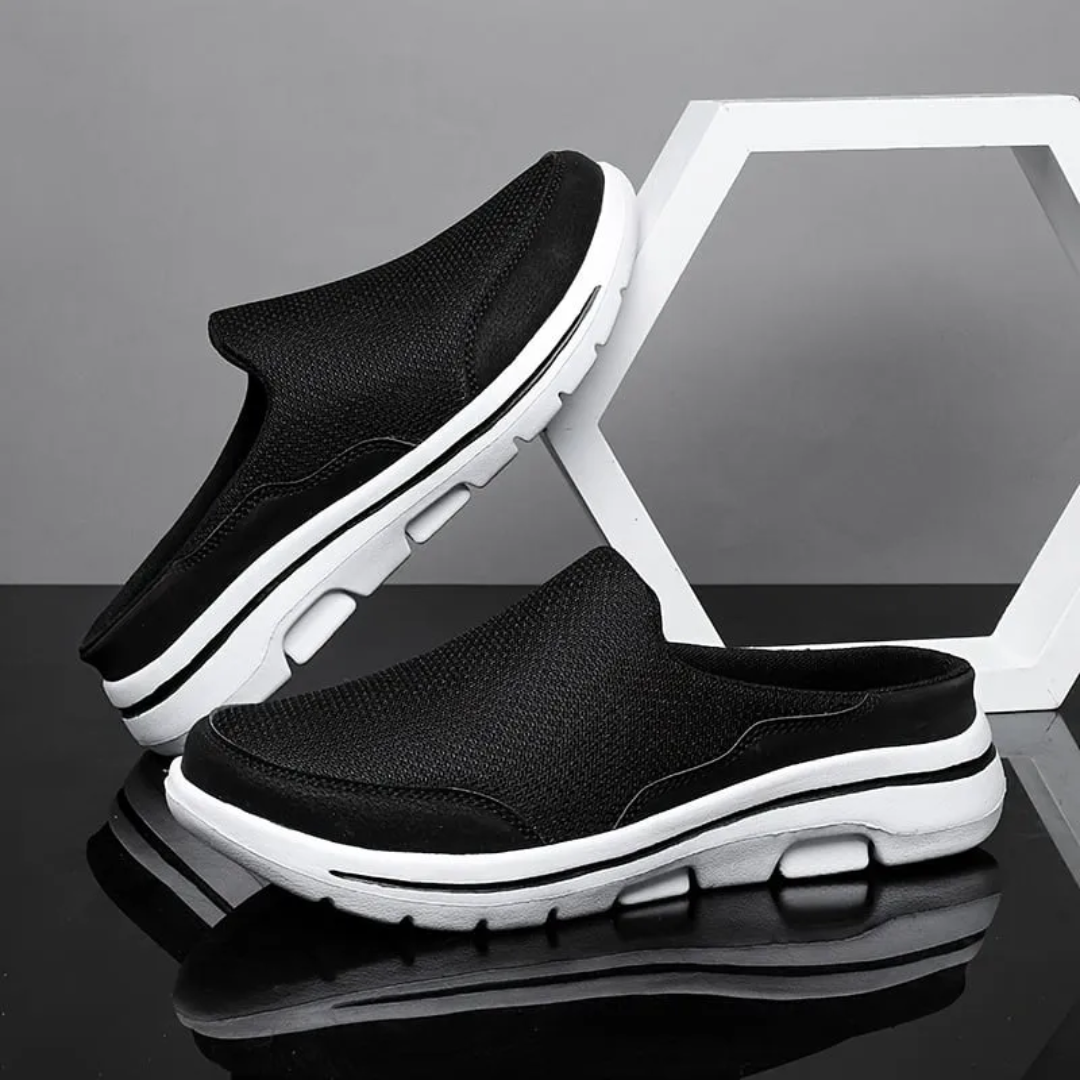 Unisex slip-on sports shoes with breathable mesh, cushioned insole, and sleek design in grey, black, blue, and brown.