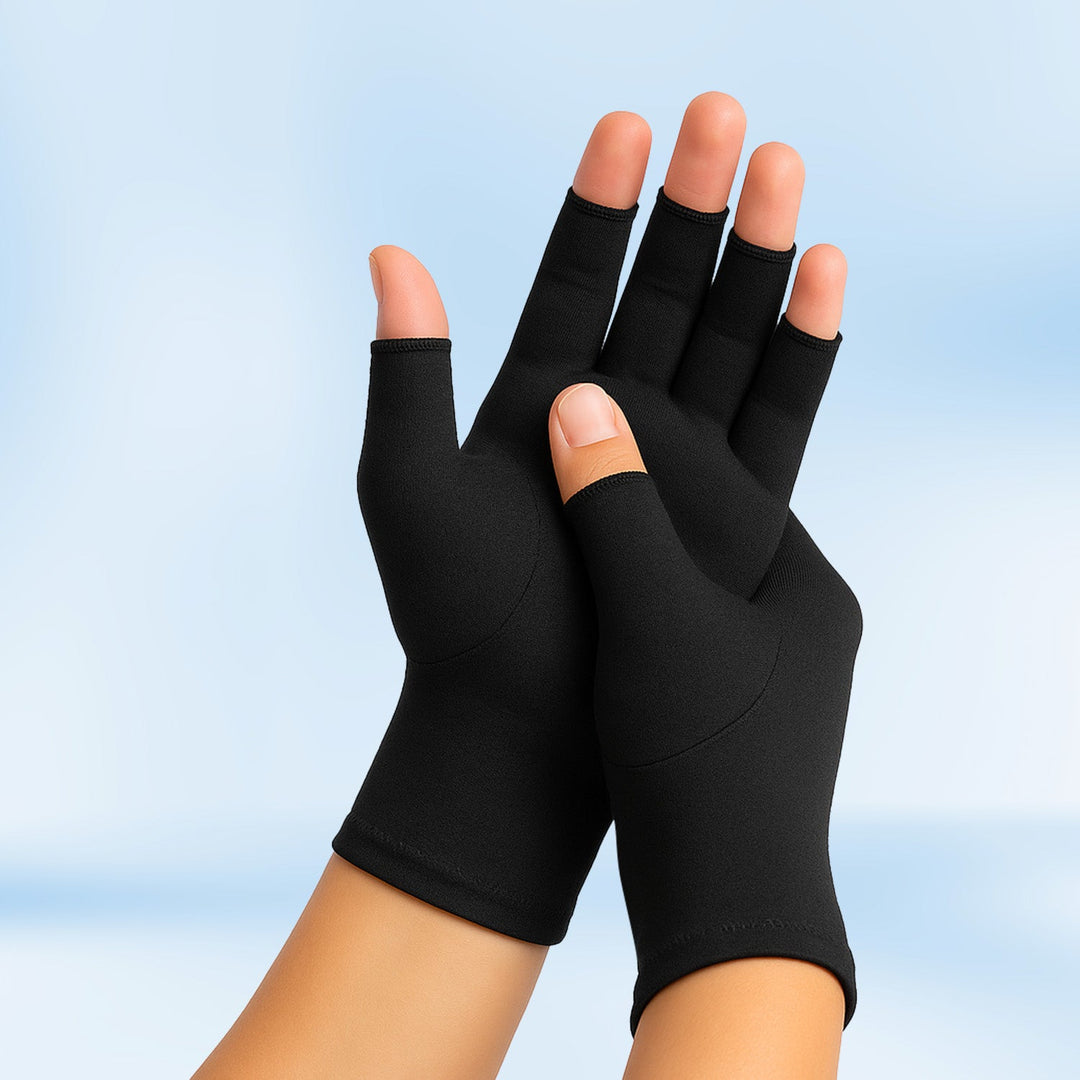 Unisex therapeutic heat gloves for pain relief, open fingertip, breathable cotton-spandex, various colors, health & wellness.