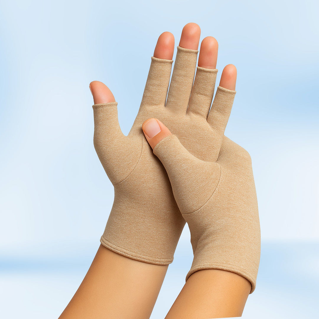 Unisex therapeutic heat gloves for pain relief, open fingertip, breathable cotton-spandex, various colors, health & wellness.