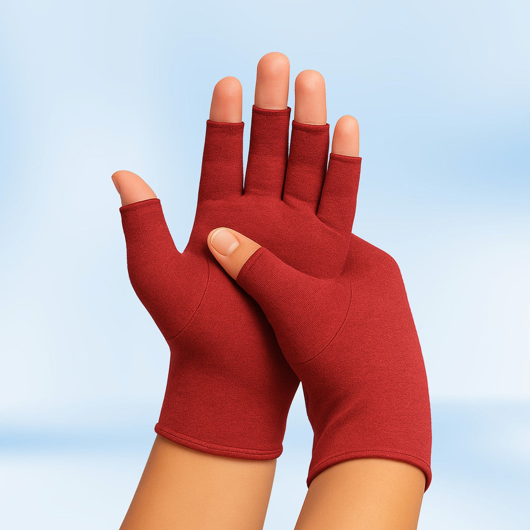 Unisex therapeutic heat gloves for pain relief, open fingertip, breathable cotton-spandex, various colors, health & wellness.
