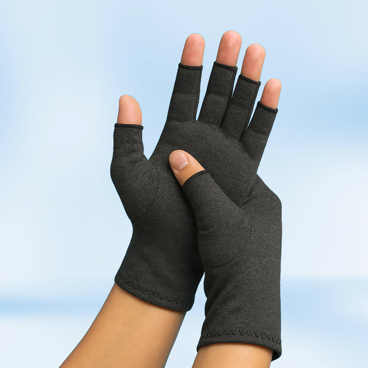 Unisex therapeutic heat gloves for pain relief, open fingertip, breathable cotton-spandex, various colors, health & wellness.