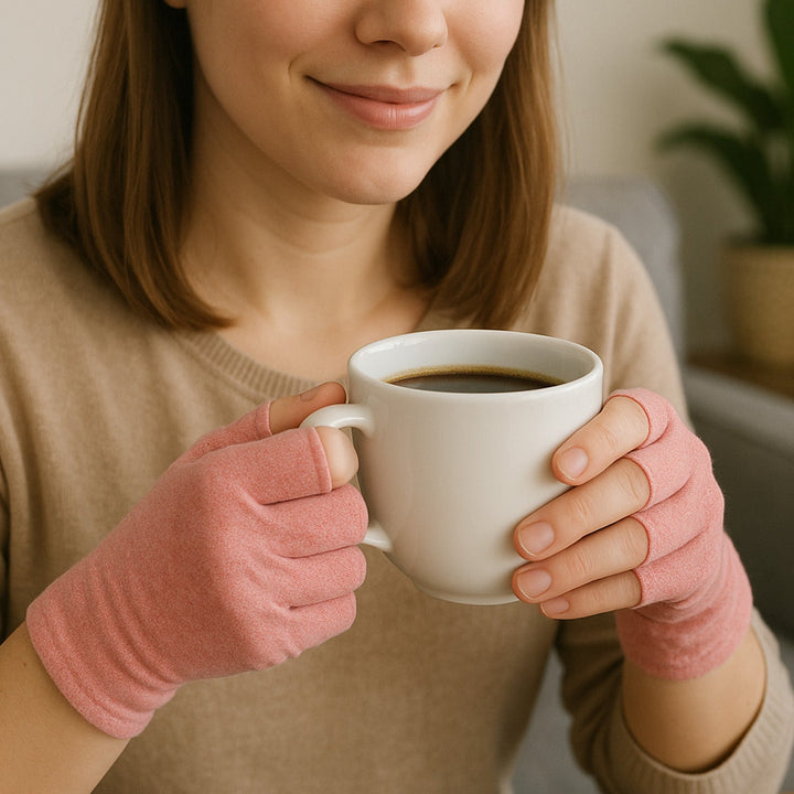 Unisex therapeutic heat gloves for pain relief, open fingertip, breathable cotton-spandex, various colors, health & wellness.