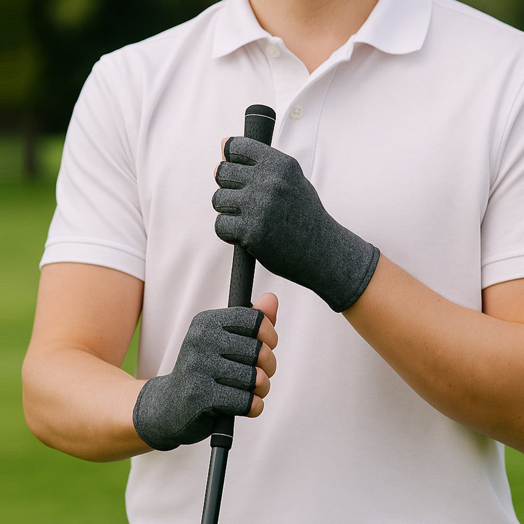 Unisex therapeutic heat gloves for pain relief, open fingertip, breathable cotton-spandex, various colors, health & wellness.