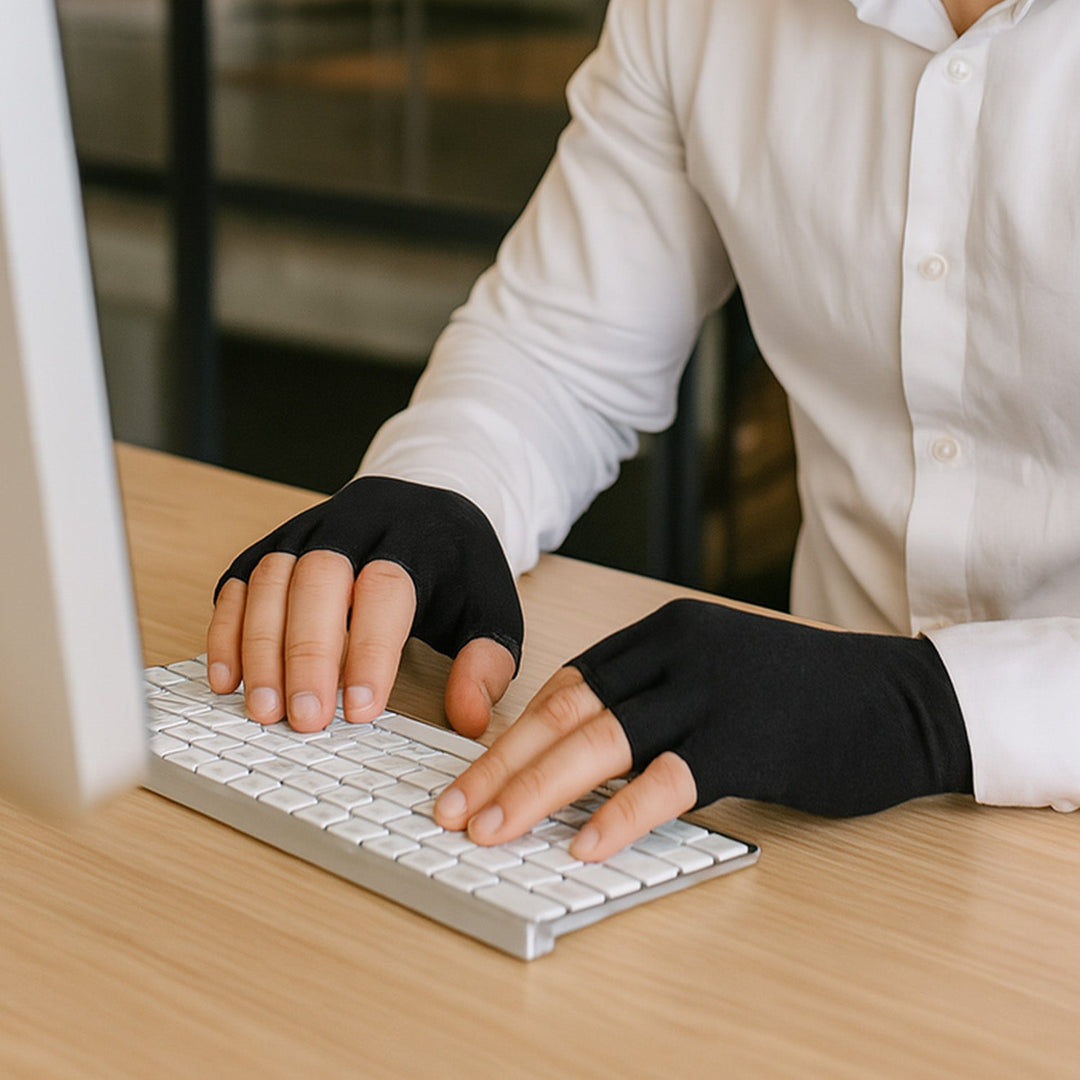 Unisex therapeutic heat gloves for pain relief, open fingertip, breathable cotton-spandex, various colors, health & wellness.