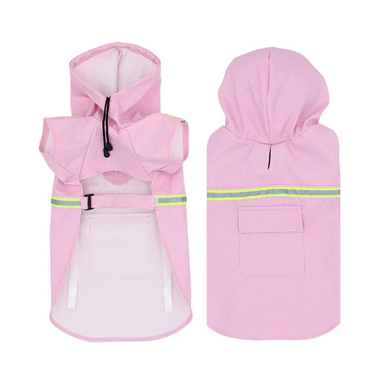 "Unisex waterproof dog jacket with hood and reflective stripes, ideal for rain and wind protection, adjustable fit."