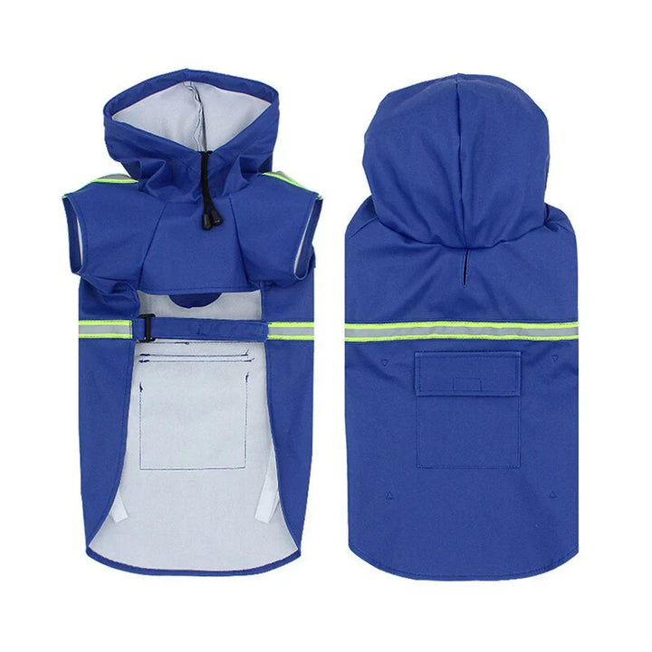 "Unisex waterproof dog jacket with hood and reflective stripes, ideal for rain and wind protection, adjustable fit."