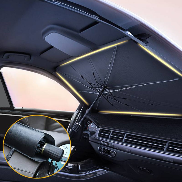"Universal fit car windshield sun shade umbrella, reflective material, blocks UV rays, keeps car interior cool and protected.