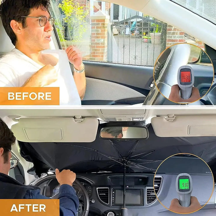 "Universal fit car windshield sun shade umbrella, reflective material, blocks UV rays, keeps car interior cool and protected.