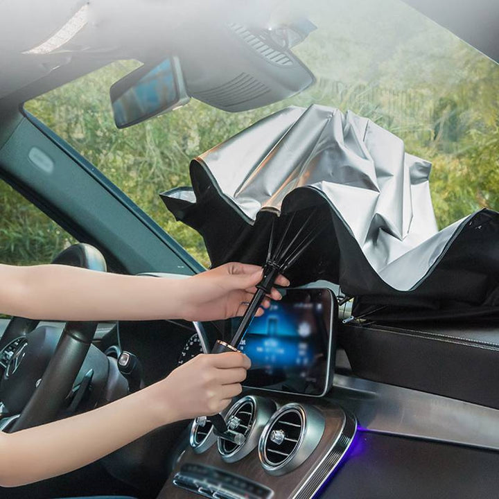 "Universal fit car windshield sun shade umbrella, reflective material, blocks UV rays, keeps car interior cool and protected.