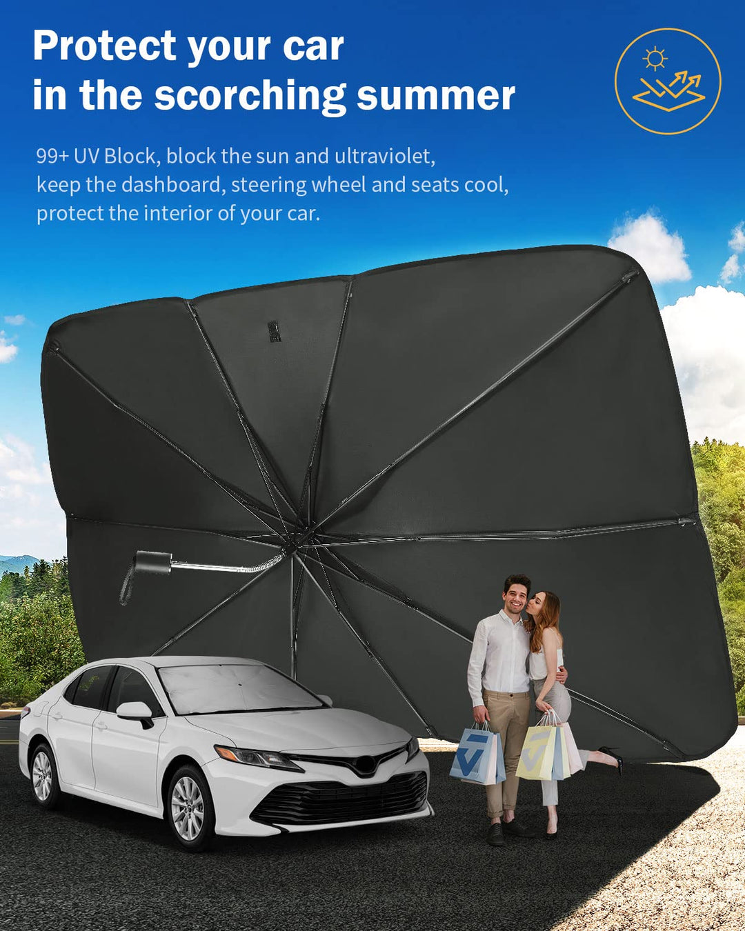"Universal fit car windshield sun shade umbrella, reflective material, blocks UV rays, keeps car interior cool and protected.