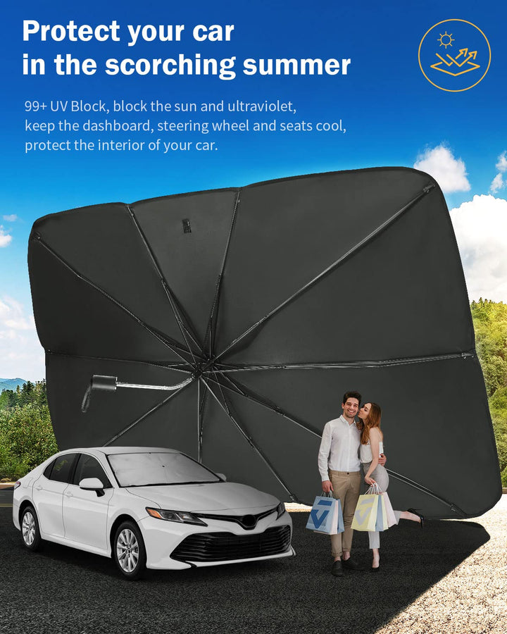 "Universal fit car windshield sun shade umbrella, reflective material, blocks UV rays, keeps car interior cool and protected.