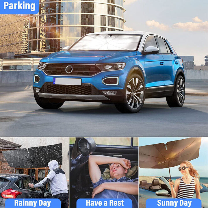 "Universal fit car windshield sun shade umbrella, reflective material, blocks UV rays, keeps car interior cool and protected.