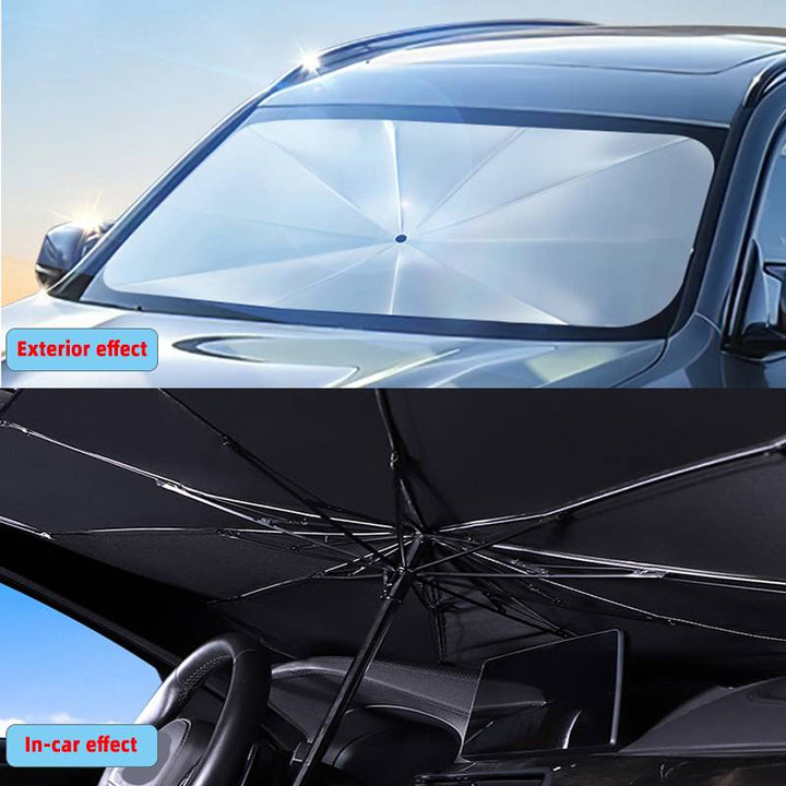 "Universal fit car windshield sun shade umbrella, reflective material, blocks UV rays, keeps car interior cool and protected.