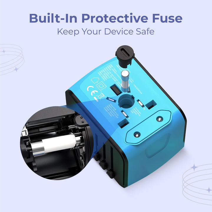 "Universal travel adapter, compact black design, with USB ports and global plug compatibility for 150+ countries."