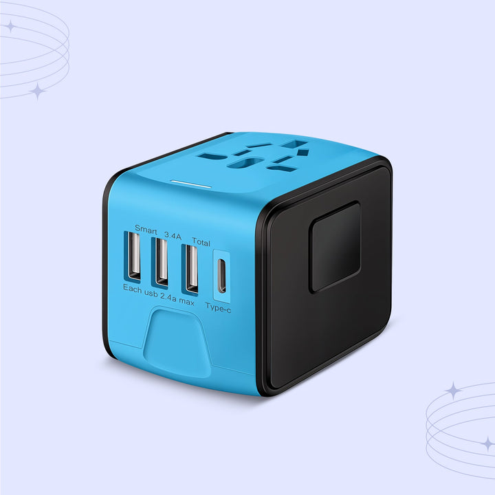 "Universal travel adapter, compact black design, with USB ports and global plug compatibility for 150+ countries."