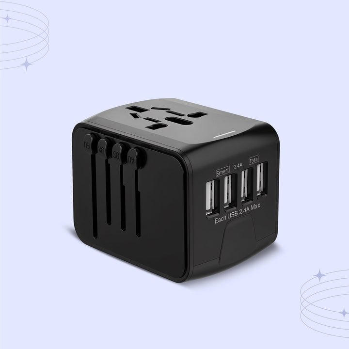 "Universal travel adapter, compact black design, with USB ports and global plug compatibility for 150+ countries."