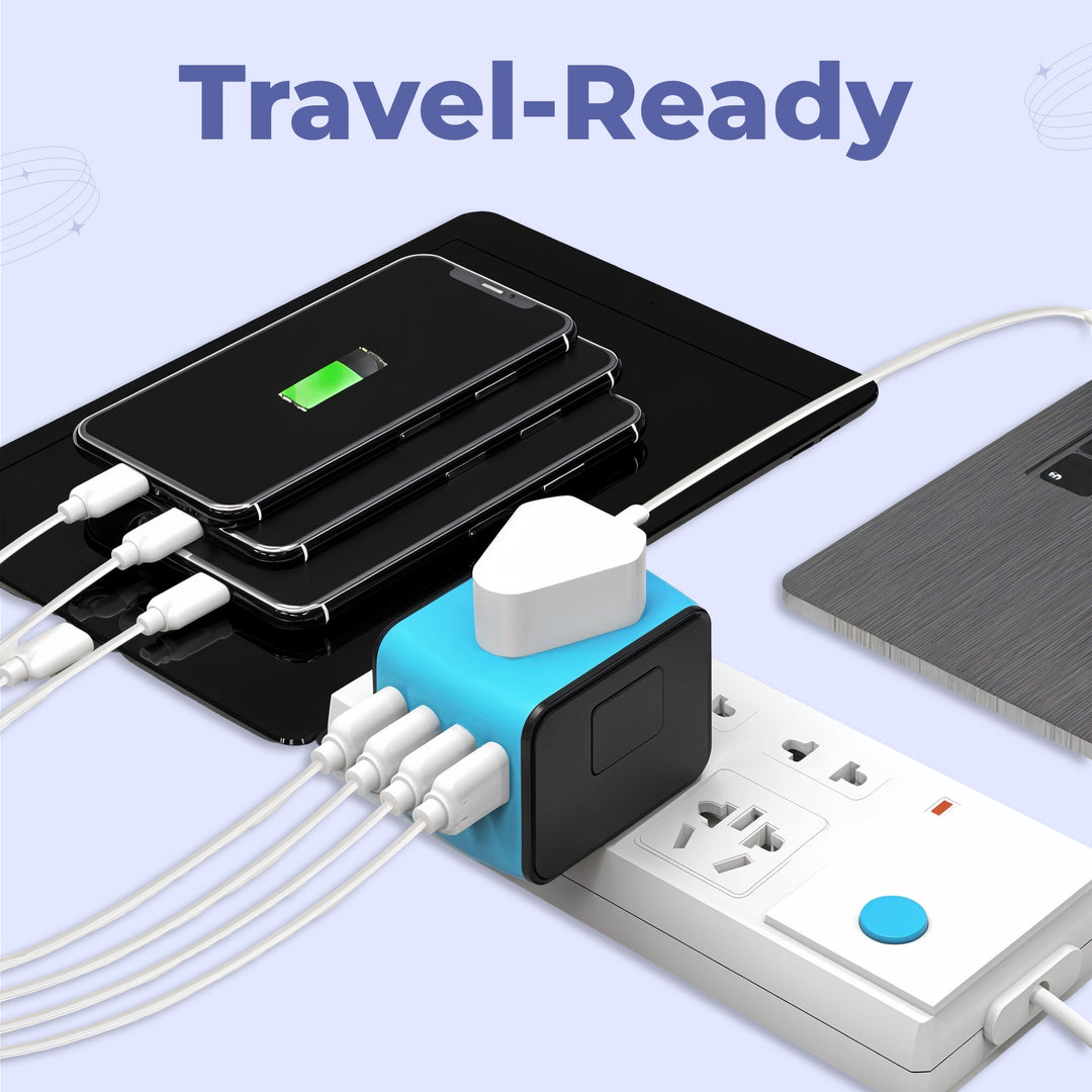 "Universal travel adapter, compact black design, with USB ports and global plug compatibility for 150+ countries."