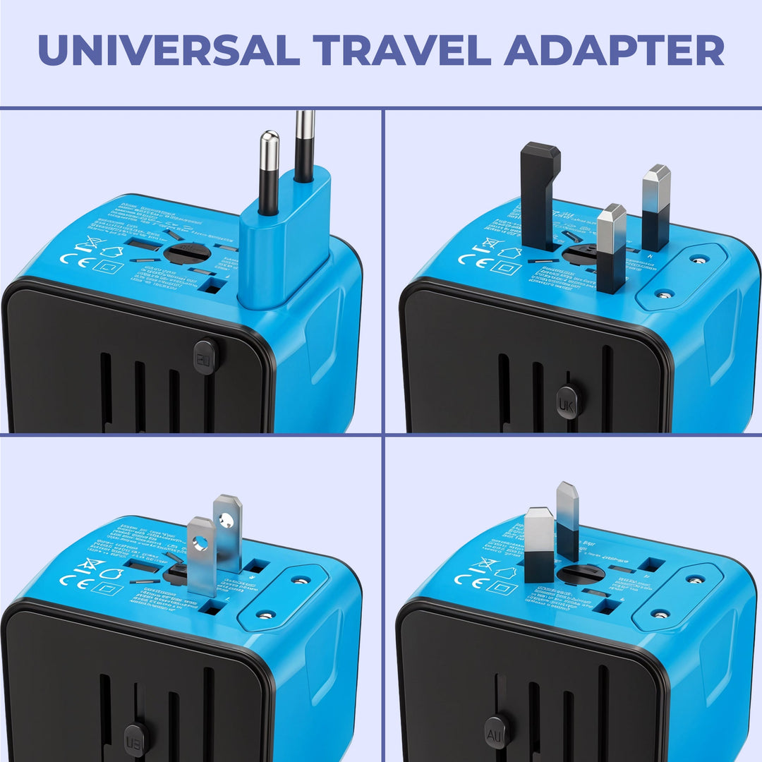 "Universal travel adapter, compact black design, with USB ports and global plug compatibility for 150+ countries."