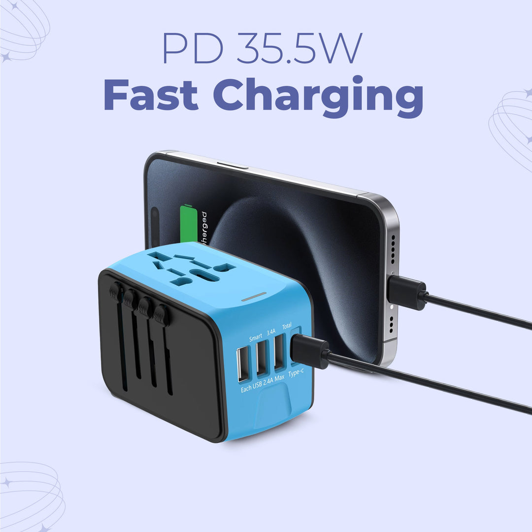 "Universal travel adapter, compact black design, with USB ports and global plug compatibility for 150+ countries."