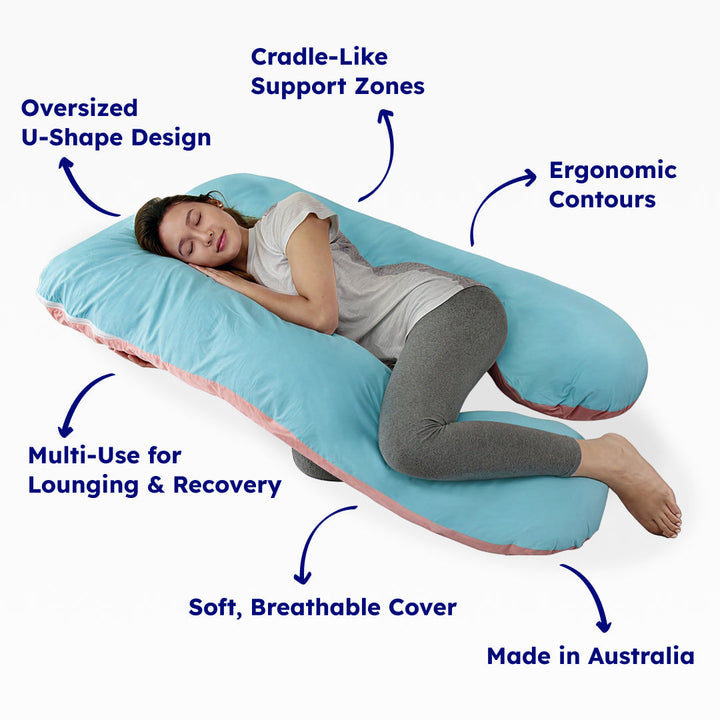 U-shaped full body pillow for pain relief, shown in grey, offers comfort for side sleepers and pregnancy support in Australia