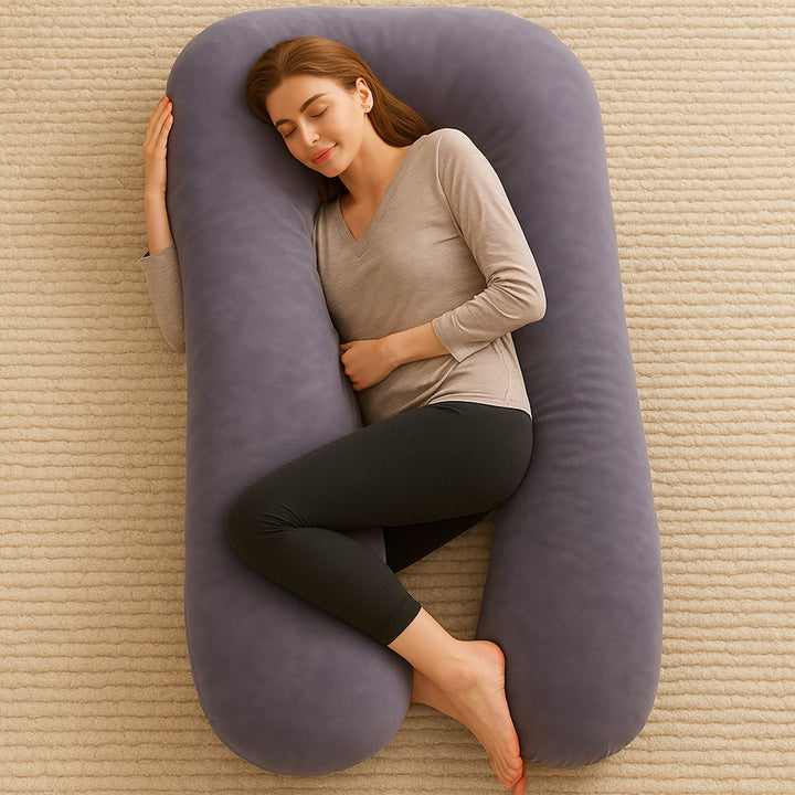 U-shaped full body pillow for pain relief, shown in grey, offers comfort for side sleepers and pregnancy support in Australia
