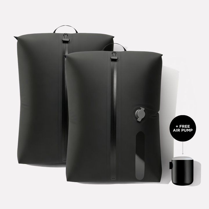 "Vacuum bag travel kit with compact pump for efficient packing, fits 15 items, airtight seal protects clothes."