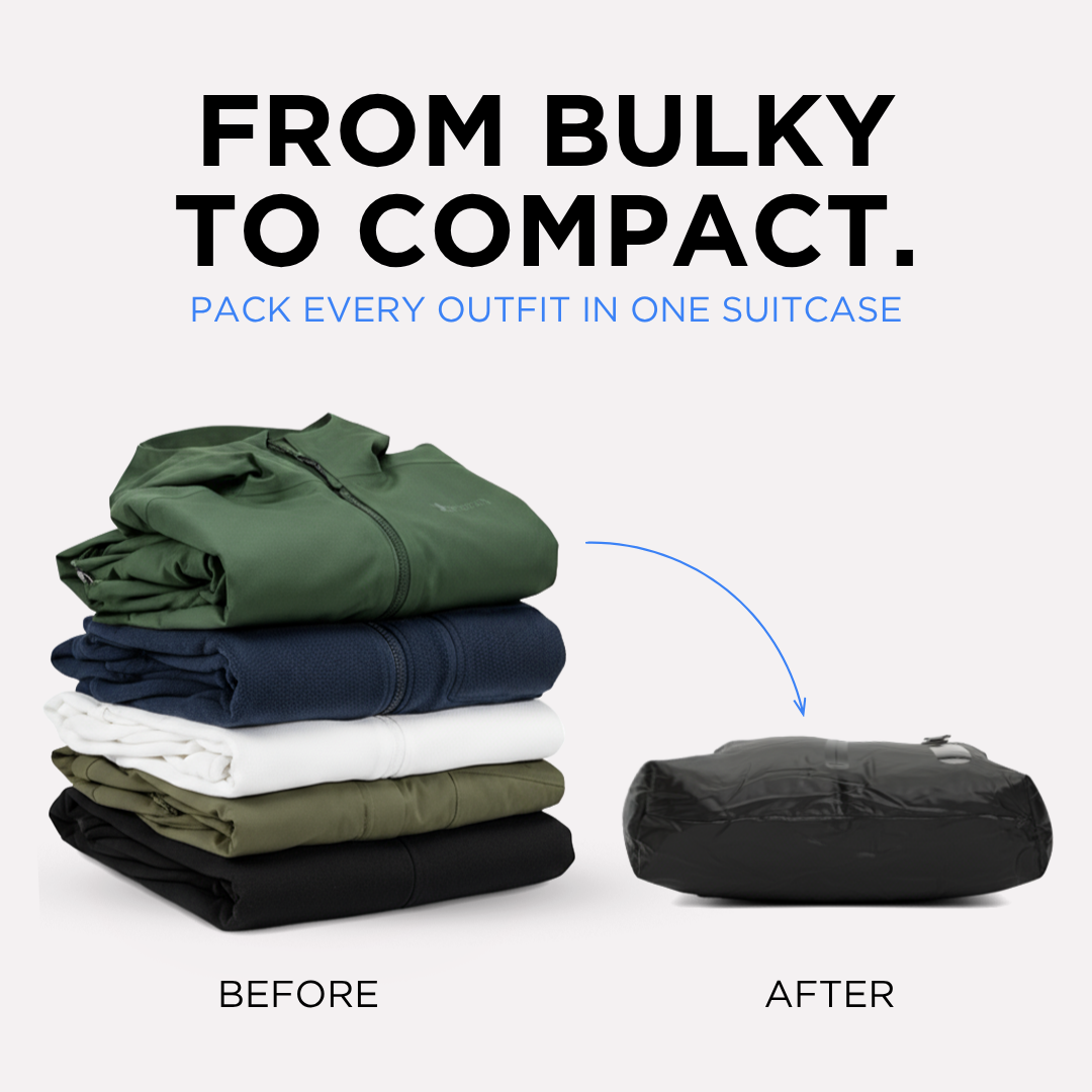 "Vacuum bag travel kit with compact pump for efficient packing, fits 15 items, airtight seal protects clothes."