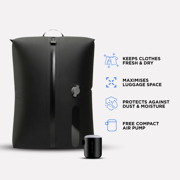 "Vacuum bag travel kit with compact pump for efficient packing, fits 15 items, airtight seal protects clothes."