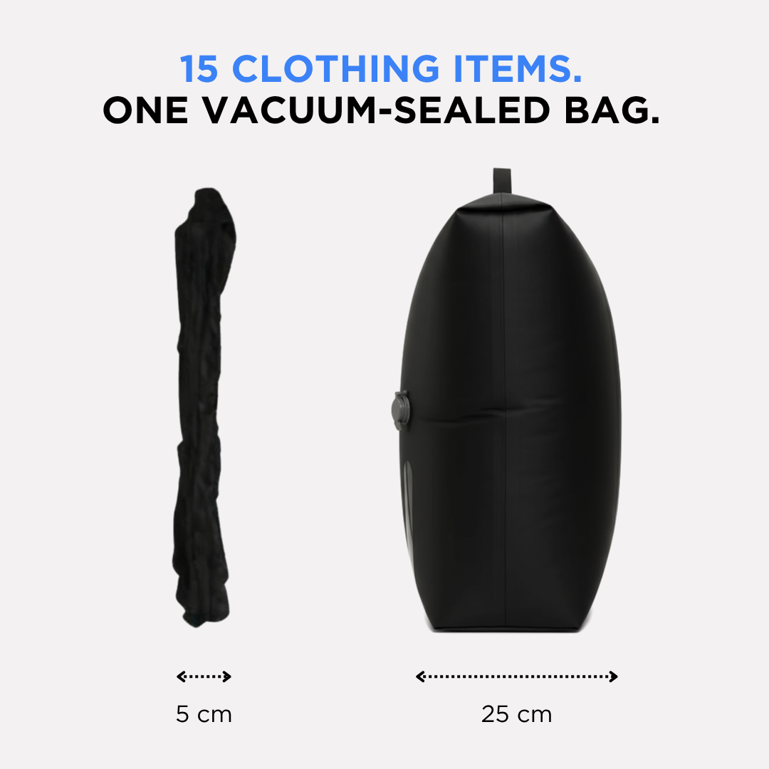 "Vacuum bag travel kit with compact pump for efficient packing, fits 15 items, airtight seal protects clothes."