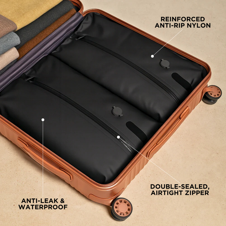 "Vacuum bag travel kit with compact pump for efficient packing, fits 15 items, airtight seal protects clothes."