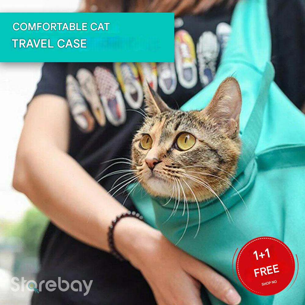 "Versatile cat carrier with shoulder strap, ergonomic design, breathable fabric, perfect for all cat breeds, easy transport."