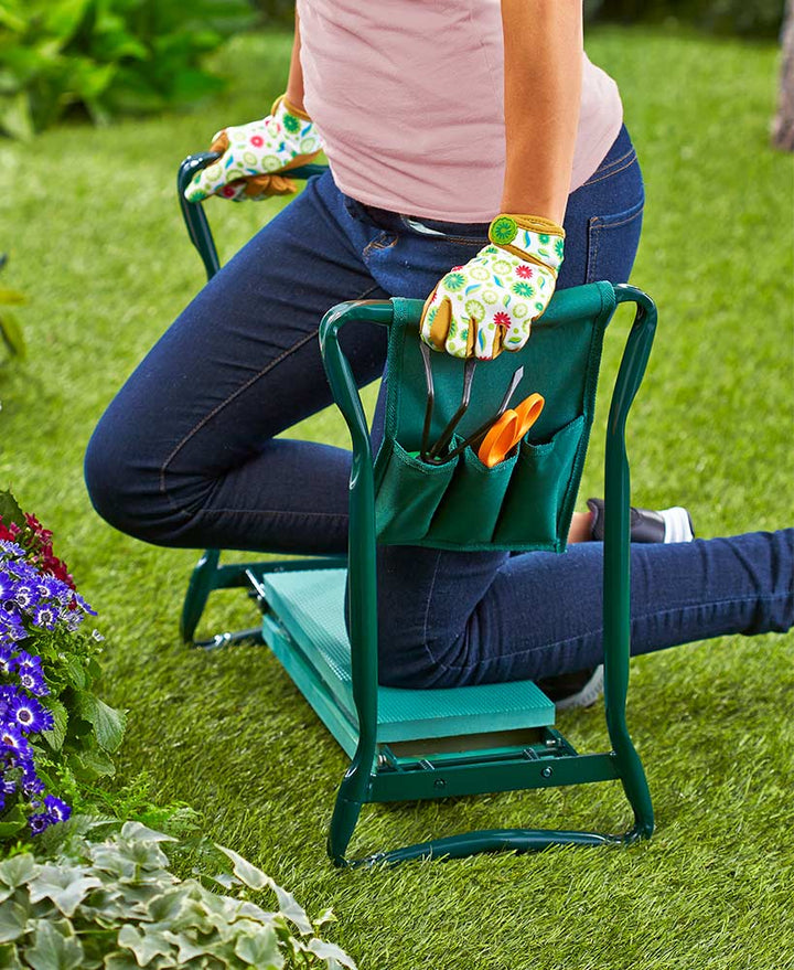 Versatile garden seat and kneeler with green padded foam, steel frame, and side pockets, ideal for gardening comfort.