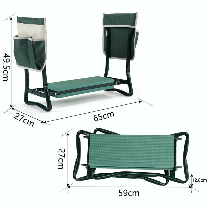 Versatile garden seat and kneeler with green padded foam, steel frame, and side pockets, ideal for gardening comfort.