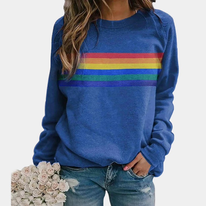 Vibrant rainbow stripe crewneck sweatshirt with colorful bands on soft fabric, perfect for cozy and stylish women’s casual we