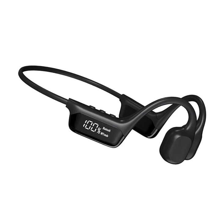 "Waterproof bone conduction swimming headphones with Bluetooth, ergonomic open-ear design, suitable for underwater use."