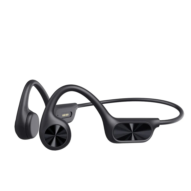 "Waterproof bone conduction swimming headphones with Bluetooth, ergonomic open-ear design, suitable for underwater use."