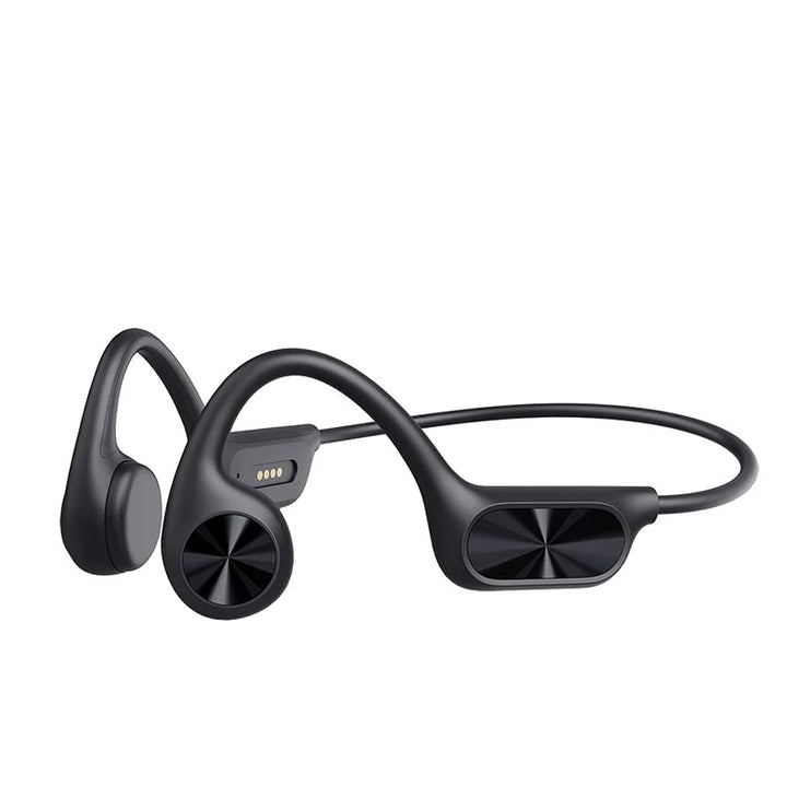 "Waterproof bone conduction swimming headphones with Bluetooth, ergonomic open-ear design, suitable for underwater use."