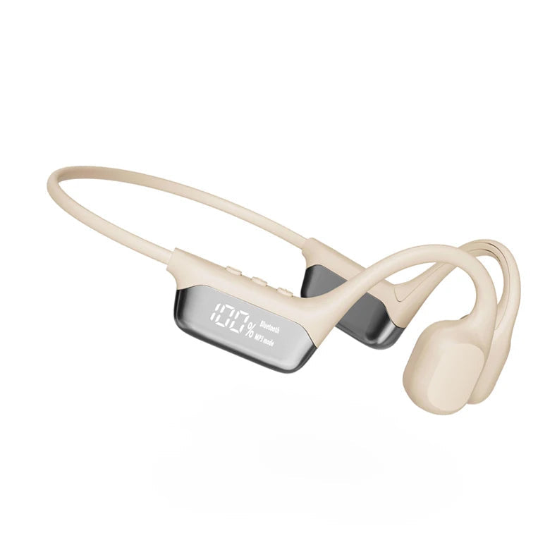 "Waterproof bone conduction swimming headphones with Bluetooth, ergonomic open-ear design, suitable for underwater use."