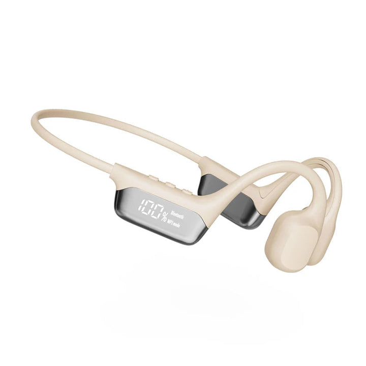"Waterproof bone conduction swimming headphones with Bluetooth, ergonomic open-ear design, suitable for underwater use."