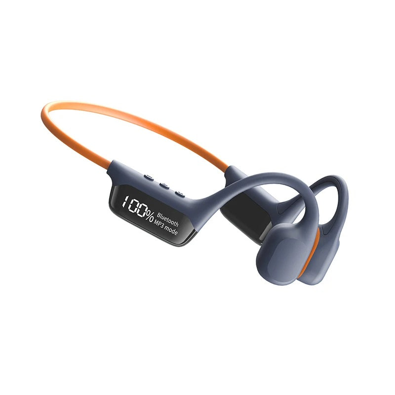 "Waterproof bone conduction swimming headphones with Bluetooth, ergonomic open-ear design, suitable for underwater use."