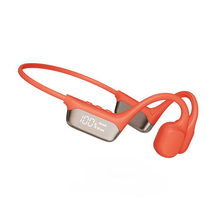 "Waterproof bone conduction swimming headphones with Bluetooth, ergonomic open-ear design, suitable for underwater use."
