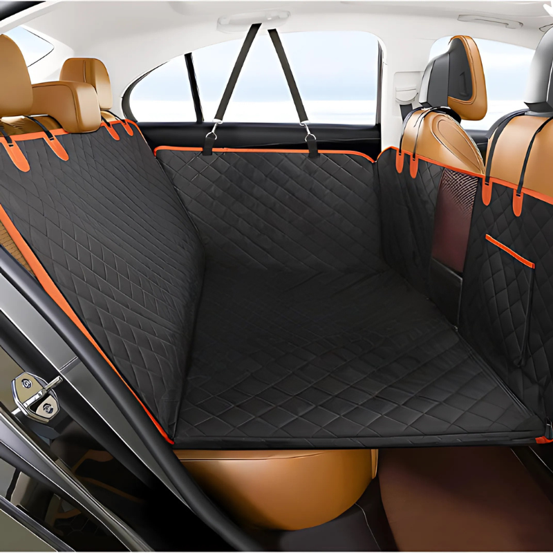 Waterproof pet car seat cover with non-slip design for dogs, providing plush comfort and protection in backseat.