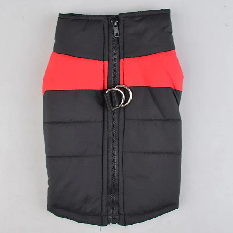 Waterproof warm pet jacket, blue with reflective elements, snug fit, ideal for cold, rainy days. Keep dogs cozy and protected