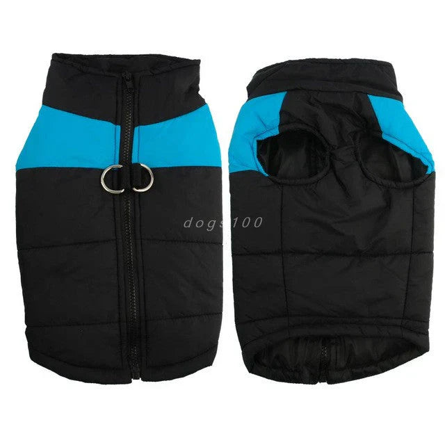 Waterproof warm pet jacket, blue with reflective elements, snug fit, ideal for cold, rainy days. Keep dogs cozy and protected