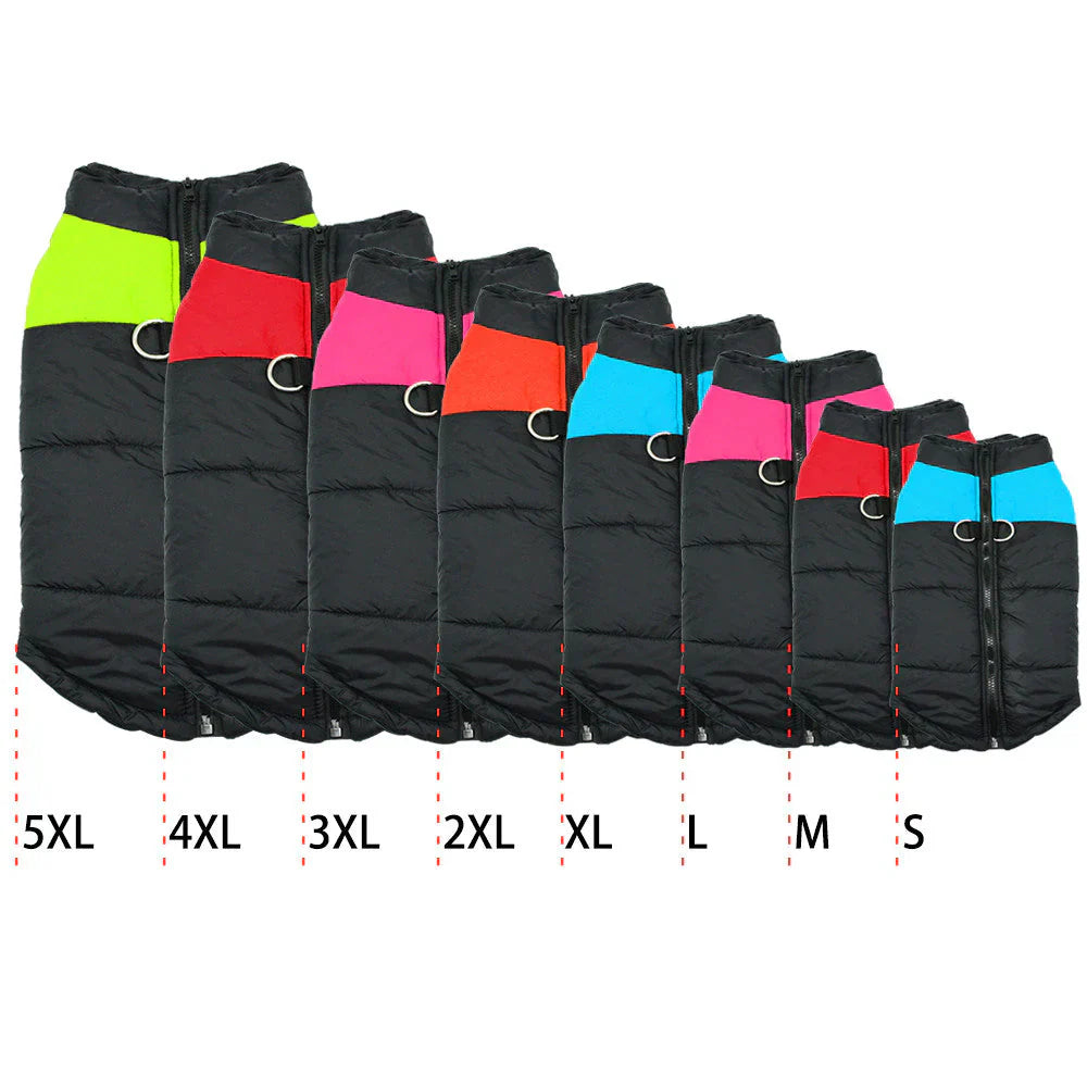 Waterproof warm pet jacket, blue with reflective elements, snug fit, ideal for cold, rainy days. Keep dogs cozy and protected